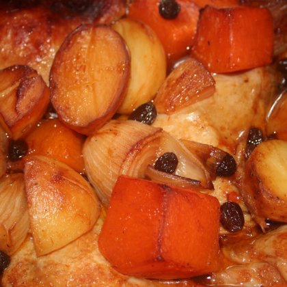 עוף, דלעת ותפודים בתנור